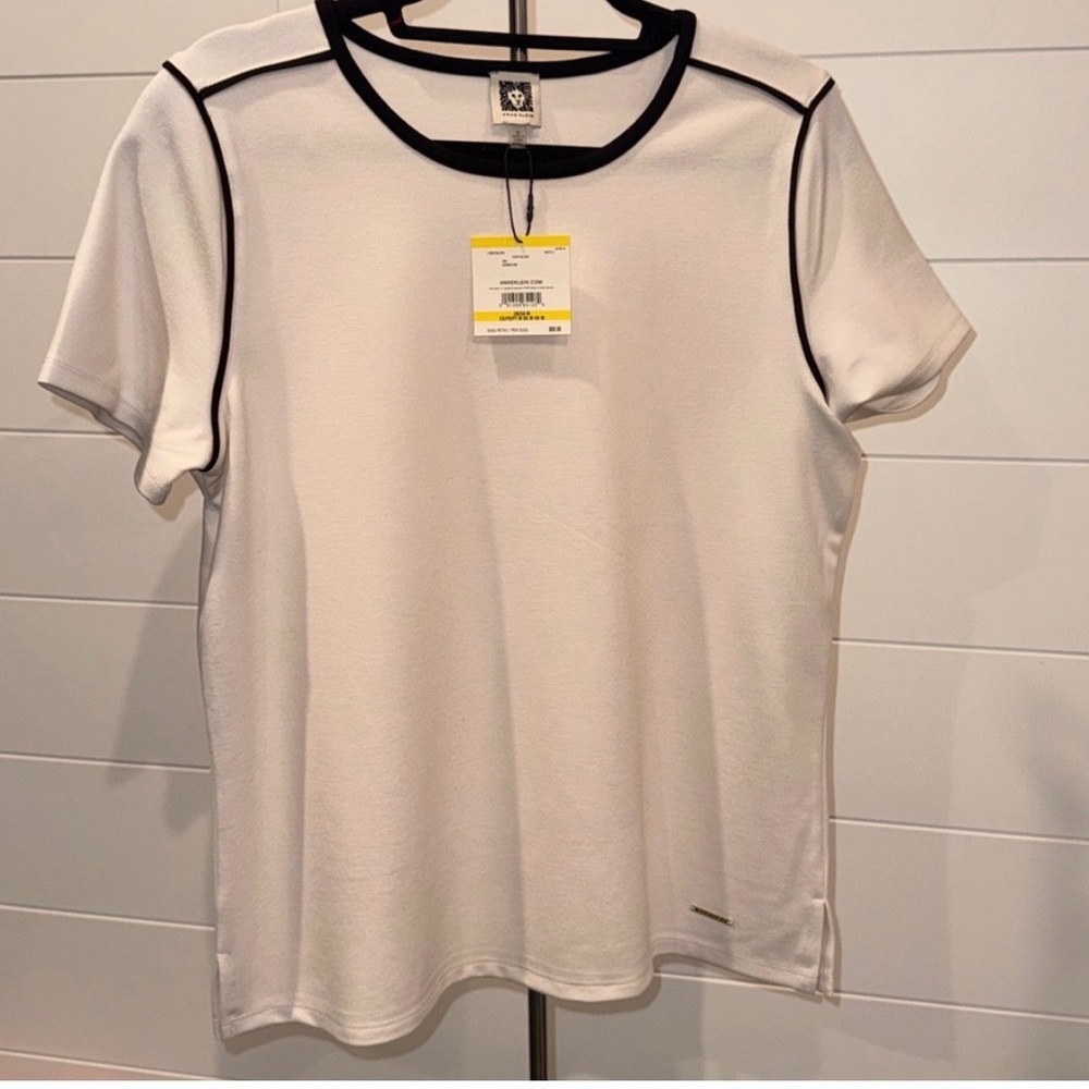 NWT Anne Klein Ringer T-Shirt Top - Ivory/Black Contrast Trim - Size Medium